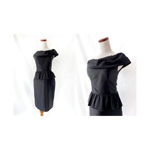 vintage peplum black dress silk / one shoulder / cocktail dress / wedding Small